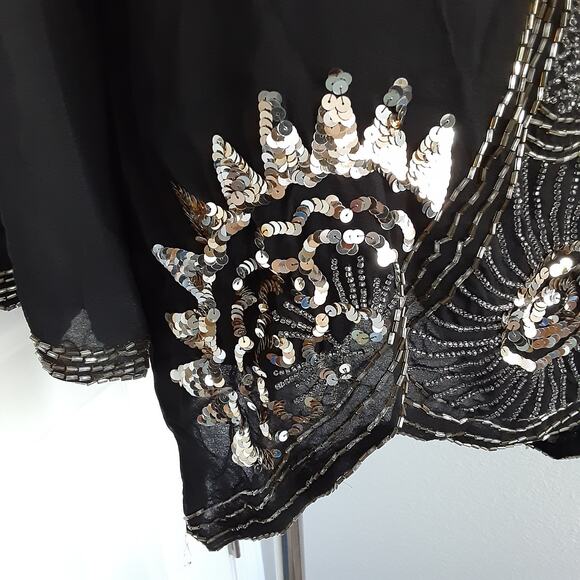 Vintage 1980s 100% Silk Tunic Blouse Black Beaded Statement Collar Long Sleeve S - Picture 6 of 16